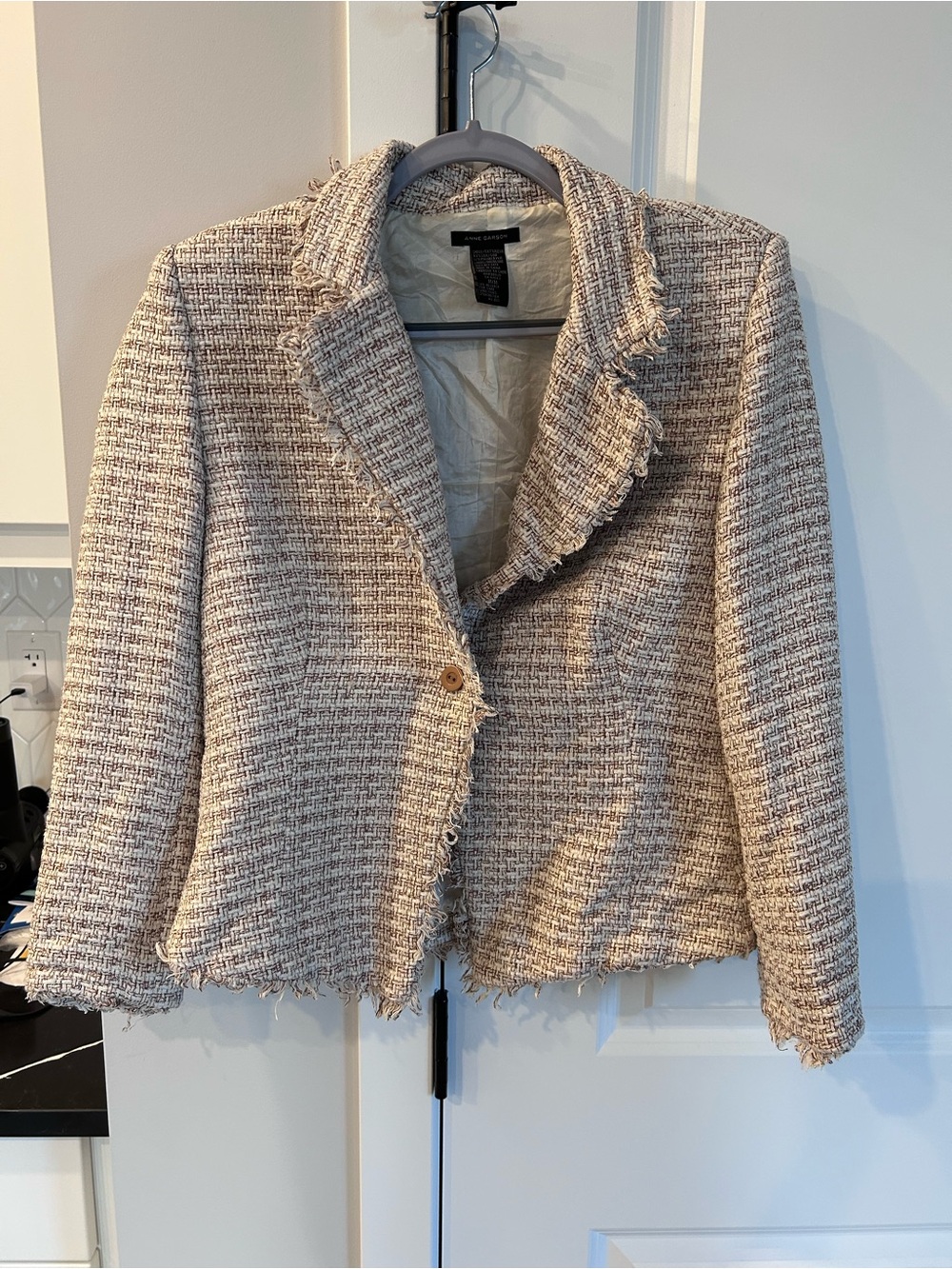 Anne Carson Silk Blend Tweed Jacket Frayed Edge Fringe Preppy Academia Blazer
